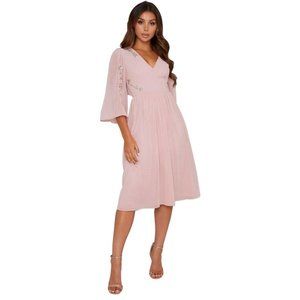 NWT Womens Size 12 Chi Chi London Pink Flare Sleeved Embroidered Midi Dress